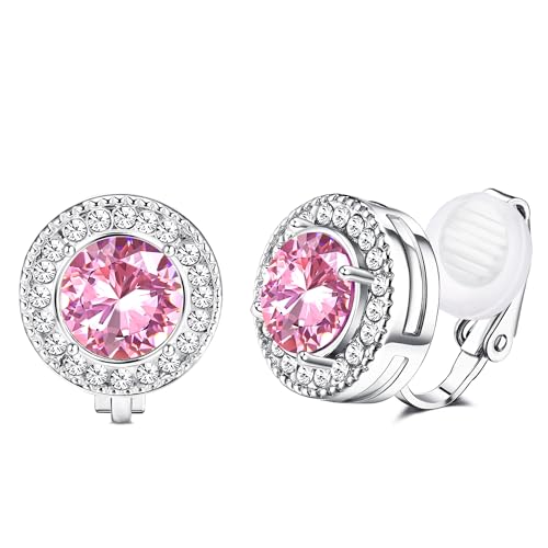 Morfetto 8MM Cubic Zirconia di cristallo Clip On orecchini con perno simulato perla d'acqua dolce rotonda Orecchini non trafitto per le donne Birthstone colorato CZ Non piercing Clip su orecchini Rosa