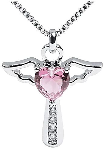 Dishowme Collana con croce di pietre di nascita Collana con ciondolo con ali d'angelo in cristallo Collana con ciondolo a forma di cuore Gioielli per regali per donne e ragazze (Rosa)