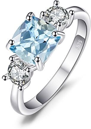 JewelryPalace Anello a Tre Pietre Donna Argento con Naturale Topazio Blu, Anelli Donna Argento 925 con Azzurro Pietra a Taglio Cuscino, Fedina Argento Anelli Anniversario Set Gioielli Donna