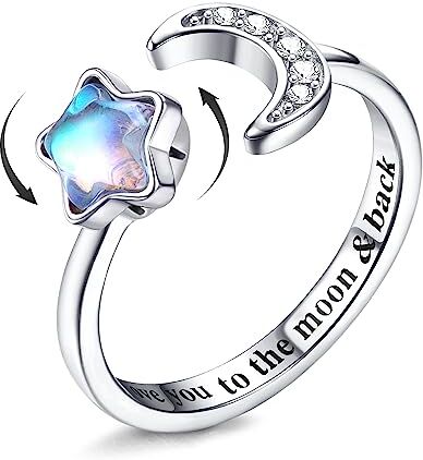 Milacolato Anello Antistress Regolabile Donna Ragazza Argento Loto Fiore Girasole Pietra di Luna Stellata Opale Fidget Anello di Ansia di Spinner Fantasia Gioielli Pietra stellare