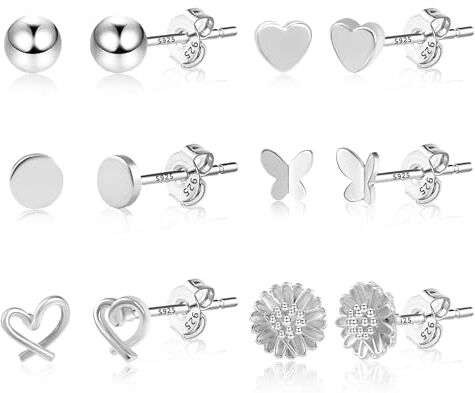 Ash Set orecchini punto luce, 12 Paia Orecchini Argento 925 Donna, con Tondo/Cuore/Farfalla/fiori Piercing Trago Orecchio Cartilagine Piercing Orecchino Orecchini Piccoli Perno