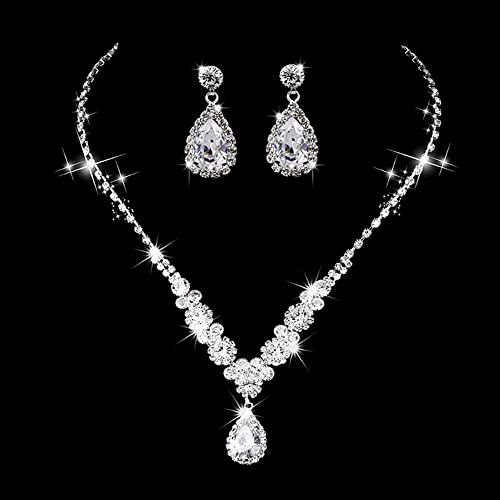 Wedity Set di orecchini per collana da sposa in argento con angelo a goccia in cristallo, orecchini con collana a girocollo, set di gioielli per donne e ragazze