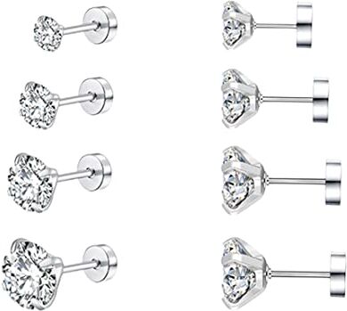 WXNPA Orecchini Uomo Donna con Zirconia Cubica,4 Paia di Set Orecchini a Bottone in Acciaio al Titanio Anallergici Argento Orecchino per Donna Uomo Ragazza Gioielli Set, 2/3/4/5 mm