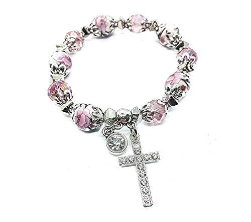 Nazareth Store Religioso Croce Bracciale Christian Classic perline Bangle con perline di cristallo rosa Sacro regalo per ragazze adolescenti Gioielli per donne e uomini