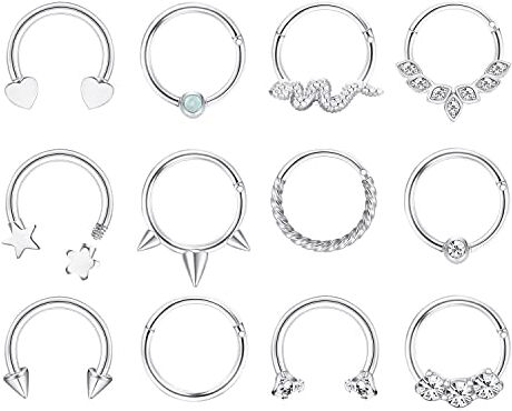 Milacolato 16G Septum Anello Piercing Acciaio Inossidabile Naso Labbro Anello Argento Oro 8mm 10mm CZ Stella Cuore Cartilagine Tragus Helix Orecchini Daith Conch Piercing Gioielli Per Donna