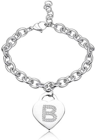 SiLo Bijoux Bracciale con lettera iniziale donna con STRASS in acciaio con lettera NOME charm cuore e cristalli argento alfabeto misura regolabile, nascita, anniversario,idea CONFEZIONE REGALO INCLUSA (B)