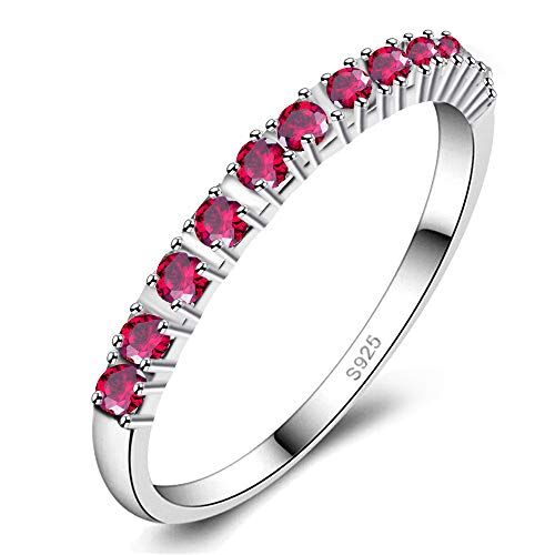 Uloveido Anello da donna a fascia semicircolare con zirconi rossi, taglio rotondo, placcato in oro bianco, 2,00 mm, impilabile J029 (rosso, misura 10)