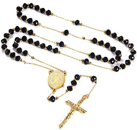 FaithHeart Rosario con perline, rito cattolico, per donna e uomo, collana extra lunga e Acciaio inossidabile, colore: Crystal Beads-black, cod. TN12044K-65-E