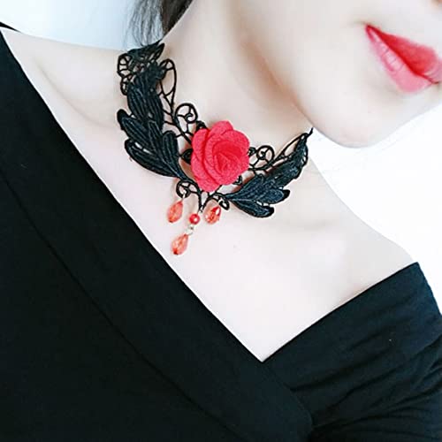 SINLOV Halloween Gotico Punk Pizzo Choker Collana di Cristallo Nero/Rosso Nappa Pendente Collane Fiore Rosa Retro Collare Choker Neck Catena Gioiell (Rosso)