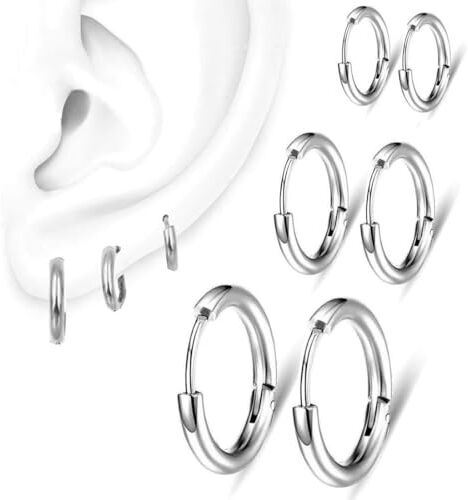 VZUHSW 3 Paia Orecchini Cerchio Argento per Donna, Orecchini a Cerchio in Acciaio Inossidabile, Orecchini Cerchio Piccoli Set Orecchini Donna Argento Orecchini Bambina Anallergici 8mm, 10mm, 12mm