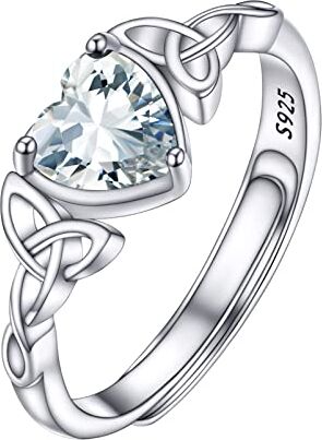 PROSILVER Anello Donna Regolabile Argento 925 Nodo Celtico e Cuore Pietra di Nascita Anello 925 con Pietra Diamente Pietra Cuore Aprile Diamante Anello Regolabile Donna Argento 925 Cuore