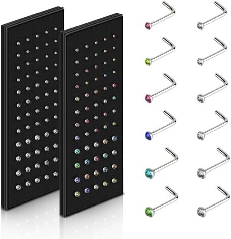 Aucuu Piercing Naso, 120 Pezzi Piercing Naso Acciaio Inossidabile 316L, Piercing Naso Brillantino per Donna Uomo, Piercing Naso Ipoallergeniche, Orecchini Naso Narice a Forma di L-20G 1,5/2/2,5/3mm