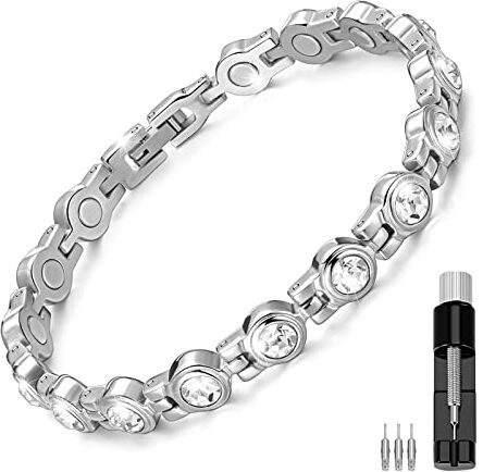 Herdear Bracciale Magnetico Braccialetto per Magnetoterapia in Titanio Regolatore per Cinturino Bracciale in Cristallo Gioielli per Donna Regalo Compleanno, Misura Regolabile (Argento)