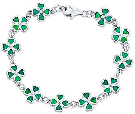 Bling Jewelry Opale Creato Intarsiato Verde Trifoglio Irlandese Fortunata Foglia Cuore Bracciale Charm Per Donne .925 Argento