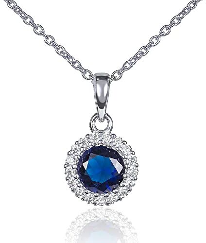 Diamond Treats Collana Blu Zaffiro da Donna in Argento Sterling 925, Collana Halo con una Pietra di Zirconia Cubica Blu Zaffiro, Elegante Collana con Ciondolo Rotondo, Collana Argento 925 Donna