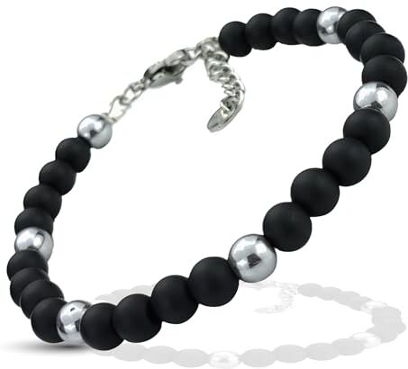 SAGA GIOIELLI ® Bracciale Uomo Donna Pietre Naturali Acciaio (ONICE NERA OPACA)