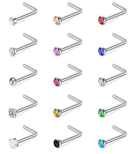 Mayhoop 15pcs 20G Piercing al Naso a Forma di L in Acciaio Chirurgico Piercing al Naso in Argento con Opale CZ colorato per Donna-Uomo