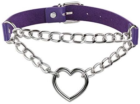 Manfnee Cuore Viola Gotica Rock Collana Girocollo Choker con Catena Pelle PU Donna Uomo Regolabile Accessorio Punk Costume Halloween Party