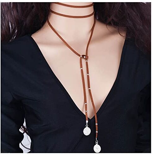 Inilbran Boho Collana in Velluto a Strati Collana in Pelle Scamosciata Marrone Y Lariat Catena Disco Gotico Moneta Y Drop Collana Lunga Catena Nappa Collana Gioielli per Donne e Ragazze