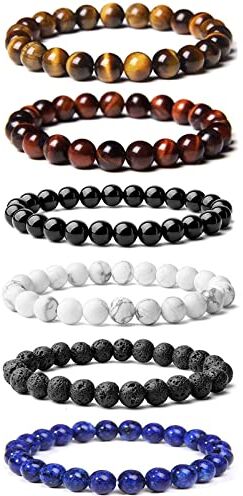 VELESAY 6Pezzi Naturali Bracciale Perline Elasticizzato Braccialetto Lavica Elastico Perline per Braccialetti Occhio di Tigre Set Bracciali Uomo Donna Pietre Naturali Yoga Bracciali