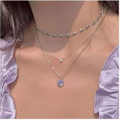 Dervivea Boho Layered Moonstone Collana Choker Gemma Cuore Ciondolo Collana Di Cristallo Cz Collana D'argento Collana Cuore Catena Gioielli Per Le Donne E Le Ragazze