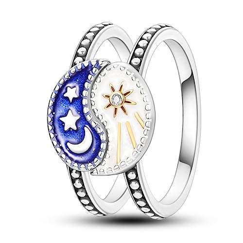 NARMO Anelli per le Donne 925 Argento Sterling Moon Star Sun Combination Finger Ring impilabile Cubic Zirconia Ring Size 11.5