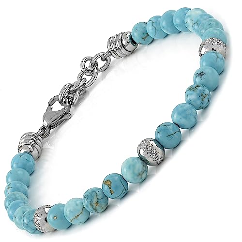 10:10 Bracciale uomo donna con pietre naturale da 6 mm turchese, beads diamantati in acciaio inox anallergico, bracciale per uomo e donna molto resistente prodotto in Italia