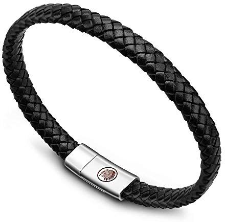 Casisto.J Bracciale pelle uomo classico bracciale intrecciato a mano nero e marrone magnetica incisa braccialetto uomo con confezione regalo