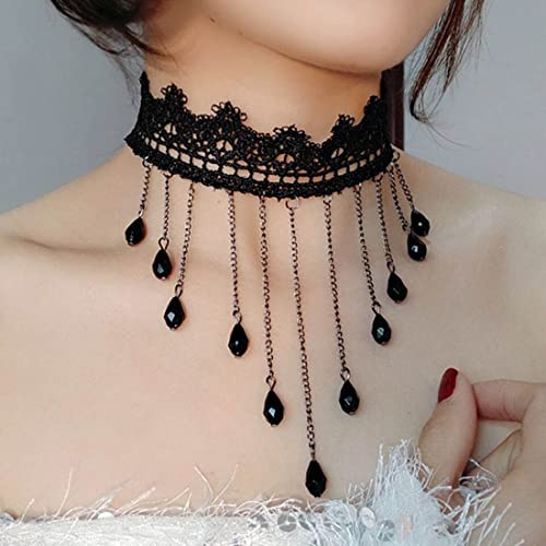 SINLOV Gothic Punk Lace Choker Collana Halloween Fiore Nero Nappa Cristallo Pendente Collana Perla Cristallo Retro Collare Choker Clavicle Neck Catena Gioielli per Le Donne e Ragazze (D)