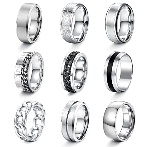 CASSIECA 12 Pezzi Anelli per Uomo Argento Anelli Uomo Anelli Spinner Acciaio Inossidabile per Uomo Donna Antistress Anti Ansia Fidget Anelli Promessa Nozze Band Spinner Anelli Dimensione 14