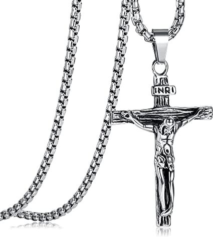 JeweBella Collana Croce Uomo Acciaio Inossidabile Gesù Crocifisso Pendente Collana con Catena Veneziana 61CM Argento/Oro/Nero Religioso Regalo Gioielli