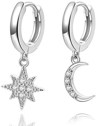 SMCTCRED Orecchini a cerchio Star Moon Huggie, orecchini in argento sterling placcato oro 14k piccoli CZ blu donne o ragazze