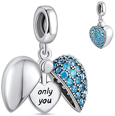 NINGAN Pendente in argento 925 fascino d'amore con zircone lucido ‘i love you’ beading adatto per il regalo della collana del braccialetto delle donne (blu)