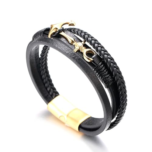 HALUKAKAH ● Vela ● Bracciale Uomo in Vera Pelle Cuoio Fatto a Mano Treccia Ancora Chiusura Magnetica Titanio Acciaio Opaco Dorato 8.46"(21.5cm) con Pacco Regalo Gratuito