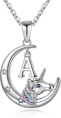 TINGN Collana Unicorno Ragazze Regali, Collana Unicorno Placcato Oro Bianco 14k Ragazze Crescent Moon Ciondolo Catena Unicorno Lettera A Collana Unicorno Regalo Gioielli per Ragazze Adolescenti