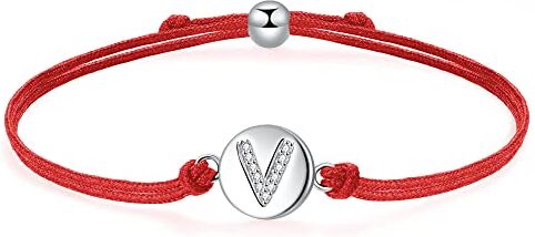 J.Endéar Bracciale Lettera V in Argento Sterling 925, Lettera Iniziale Disco con Catena in Filigrana Fatta a Mano Regolabile da 24cm, Rosso