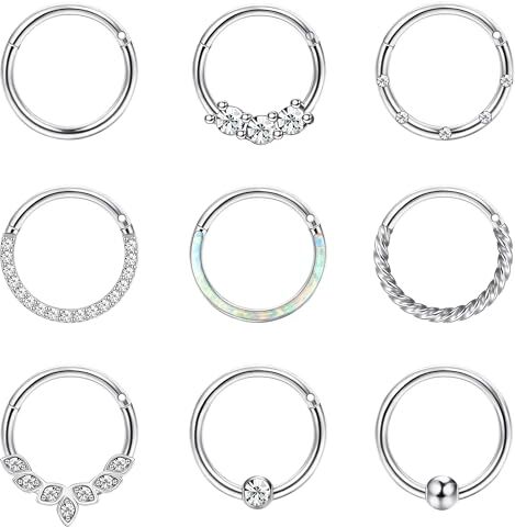 JeweBella 9PCS 16G Piercing Naso Anelli Acciaio Chirurgico Septum Piercing Cartilagine Orecchini Cerchio Donna CZ Opale Piercing Nose Argento Labbro Anello Conch Daith Septum Helix Piercing Gioielli