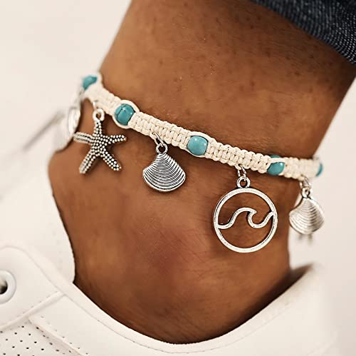 Atentuyi Bracciale Cavigliera Turchese Bracciale Cavigliera Corda Intrecciata Argento Bracciale Cavigliera Stella Marina Bracciale Conchiglia Piede Cavigliera Boho Gioielli Piede Per Donne Le Ragazze