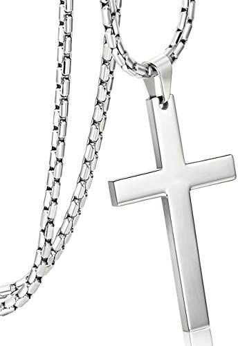 Milacolato Collana Croce Acciaio Inossidabile per Uomo Donna Collana con Ciondolo Crocifisso 3mm con Catena a Maglie Argento Croix Nekles Gioielli 61cm CroceA