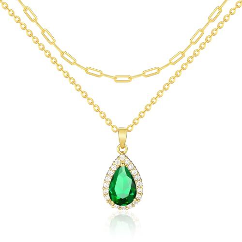 Mesovor Collane a Strati di Diamanti per Donna, Collana con Pendente a Goccia d'acqua in Zirconi Cubici Placcati Oro 18 Carati   Gioielli Collana Girocollo Graffetta (Verde)