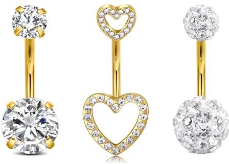 NIUSIMAN 14G ombelico Piercing,3 pezzi cuore ombelico Piercing oro piccoli cristalli ombelico Piercing Barbell Set 10 millimetri Piercing ombelico anello per le donne