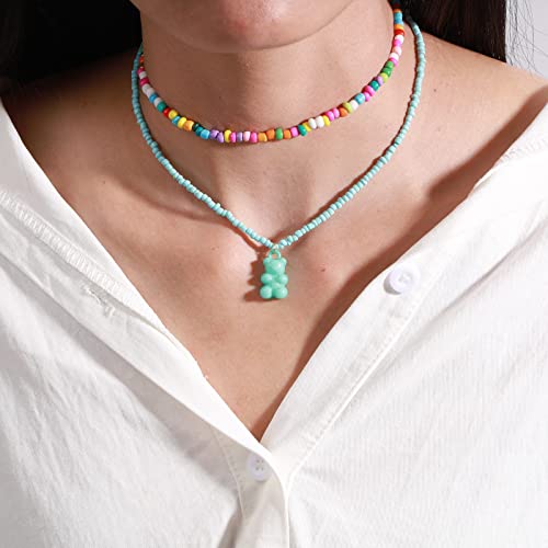 Atentuyi Collana Bohemia Colorato Seme Tallone Choker Orso Pendente Collana Catena Vintage Perline A Strati Collana Gioielli Per Donne E Ragazze 2 Pezzi