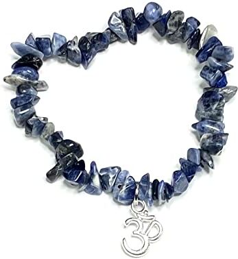 Generico Bracciale SODALITE chip pietre vere naturali con ciondolo OM metallo color argento