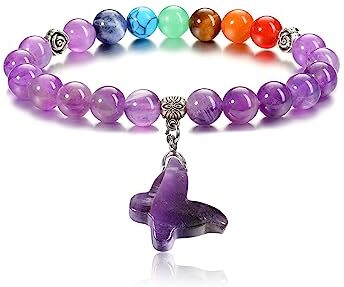 CrystalTears Bracciale di Ametista 8 mm con ciondolo a farfalla 7 Chakra Bracciale in pietra naturale Regalo per uomo donna