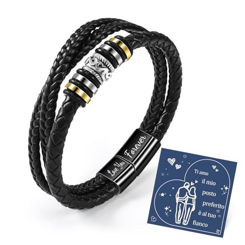 YELUWA Regalo San Valentino Per Lui, Ti Amo per Sempre Bracciale Uomo, Bracciali Pelle da Uomo Incisione Regalo di Compleanno Per Lui Regalo Marito Idee Regalo Compleanno Anniversario