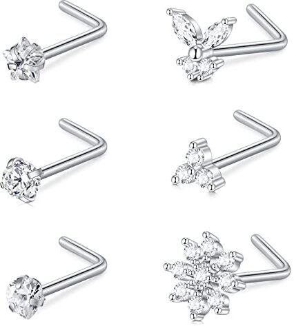 AceFun 18G Curved L-Shaped Nose Studs 1MM Stainless Steel Nose Bar Nostril Piercing Diamond Cubic Zirconia Piercing Body Jewelry Silver Heart Star Flower Triangle Butterfly 7MM