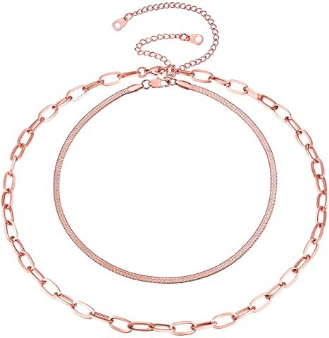 FOCALOOK Collana Donna Doppia Catenina in Oro Rosato 3mm/6mm, Catenina Donna, Collane Serpente Acciacio Inossidabile Collana Donna Oro Rosa Doppia Confezione Regalo