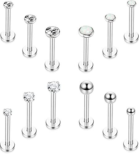 CASSIECA 12 Pezzi 16 G Acciaio Inossidabile Piercing da Uomo Donna Narice Orecchio Cartilagine Helix Labret Piercing Set Tragus Piercing Gioielli Penetranti, Argento, Oro, Nero