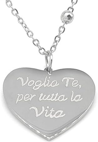 Generic Collana Donna Cuore Ciondolo in Acciaio con Incisione Scritta (Voglio Te, per tutta la Vita)