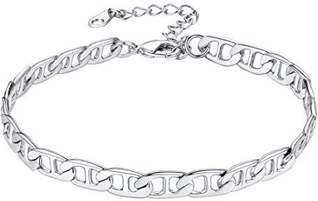 U7 Cavigliera Donna Classica Piede Catena, Accaio Inossidabile, Lunghezza 22 + 5 cm Regolabile, Larghezza 6 mm, Catena Cubana, Sexy Gioiello Piedi Estivi Unisex Argento